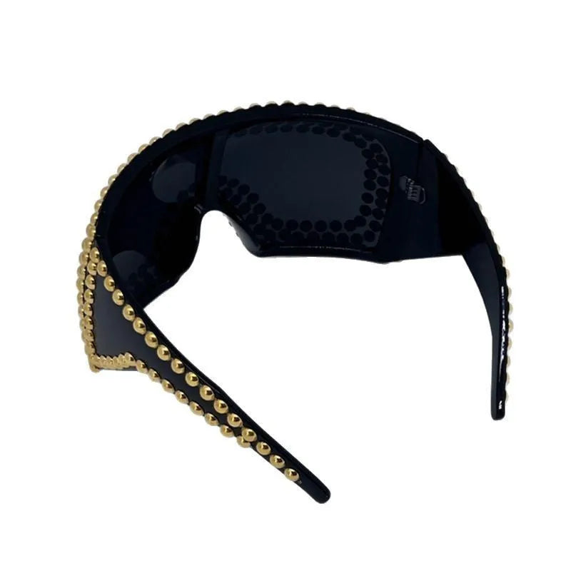 Men's punk square sunglasses with large frame and rivet details in silver or gold colour