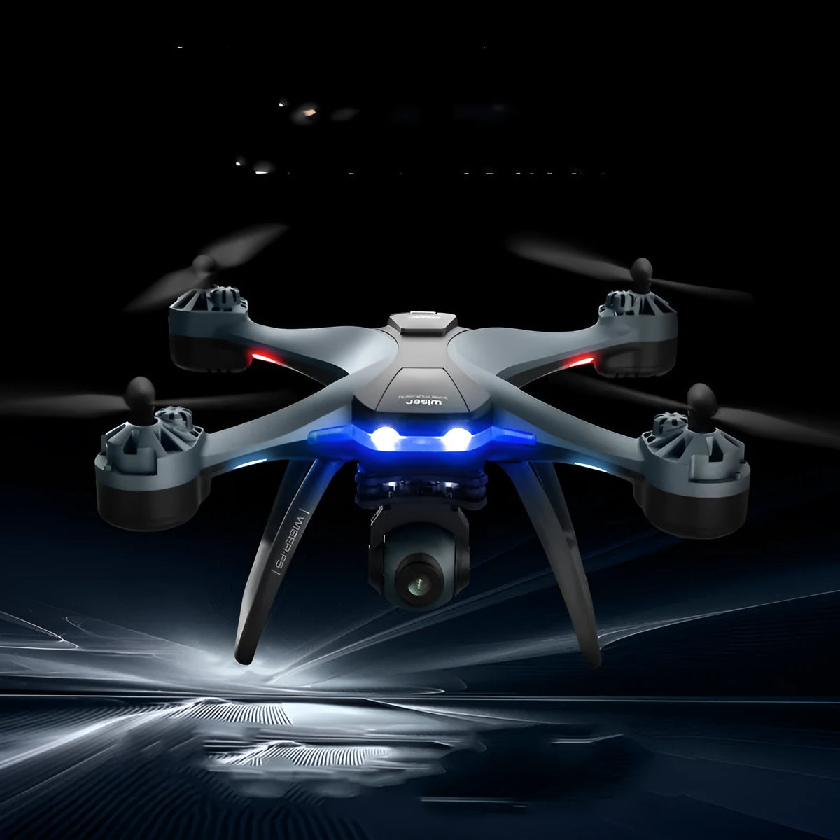 Plastic quadrocopter drone with remote controller and accessories including spare blades