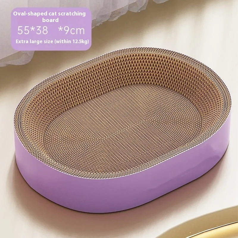 Green oval cat scratch board with built-in nest measuring 55cm in diameter