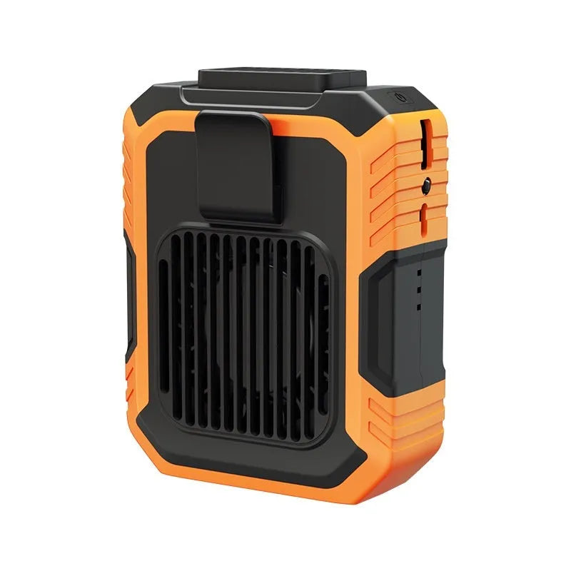 Green wrist-mounted portable fan with USB charging port, LED light, and adjustable strap.