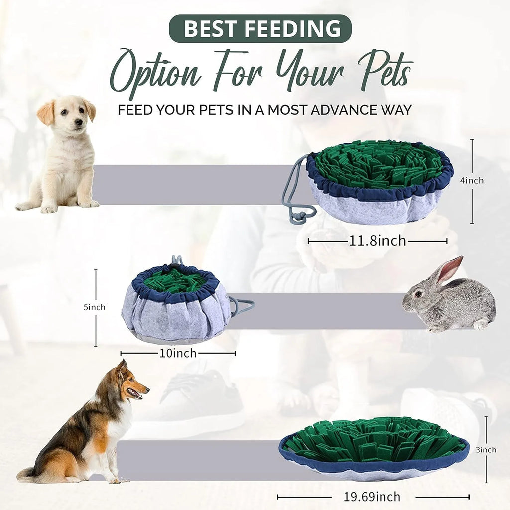 Blue adjustable fabric snuffle mat for dogs, showing food hidden in folds for foraging.