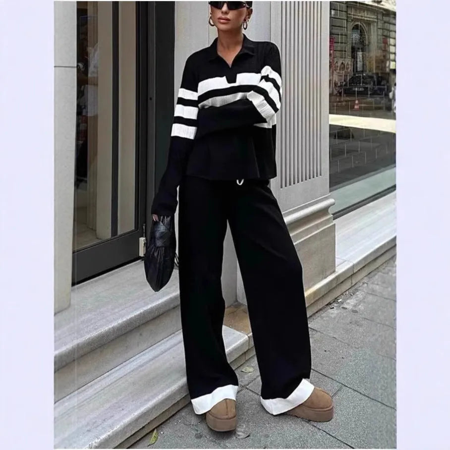 Women's black and white striped knitted polo shirt and trousers two-piece set