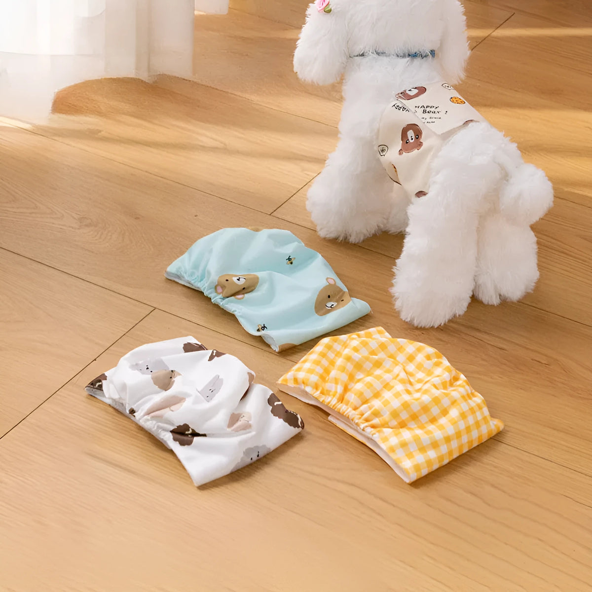 Cartoon bone paw print reusable male dog diaper belly band wrap on white background