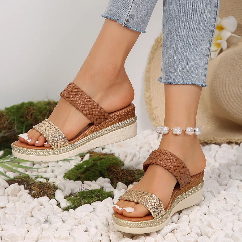 Gold or silver metallic wedge sandals for women with PU leather upper and rubber sole