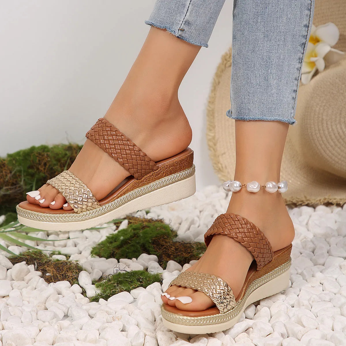 Gold or silver metallic wedge sandals for women with PU leather upper and rubber sole