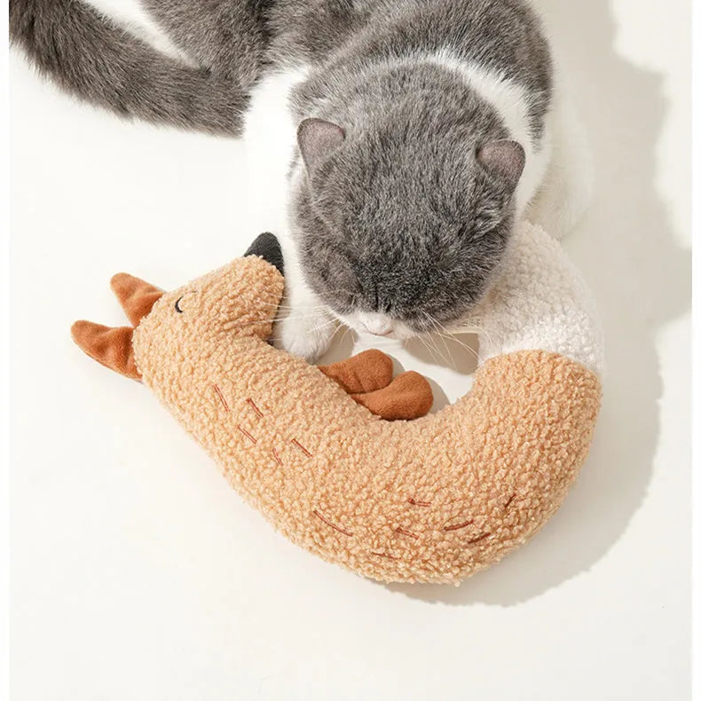 Cartoon dog chew toy in teddy velvet fabric, shown as a duckling and a fox character on a white background.