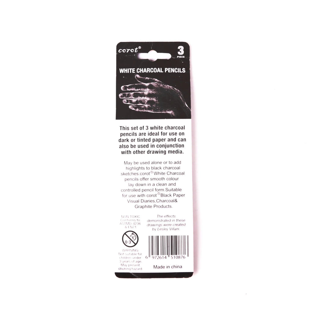 Set of three white charcoal sketching pencils with wooden barrels for highlighting on dark paper