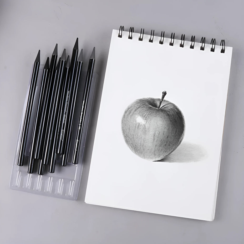 Graphite and carbonised drawing pencil set with wooden shells on suction card packaging