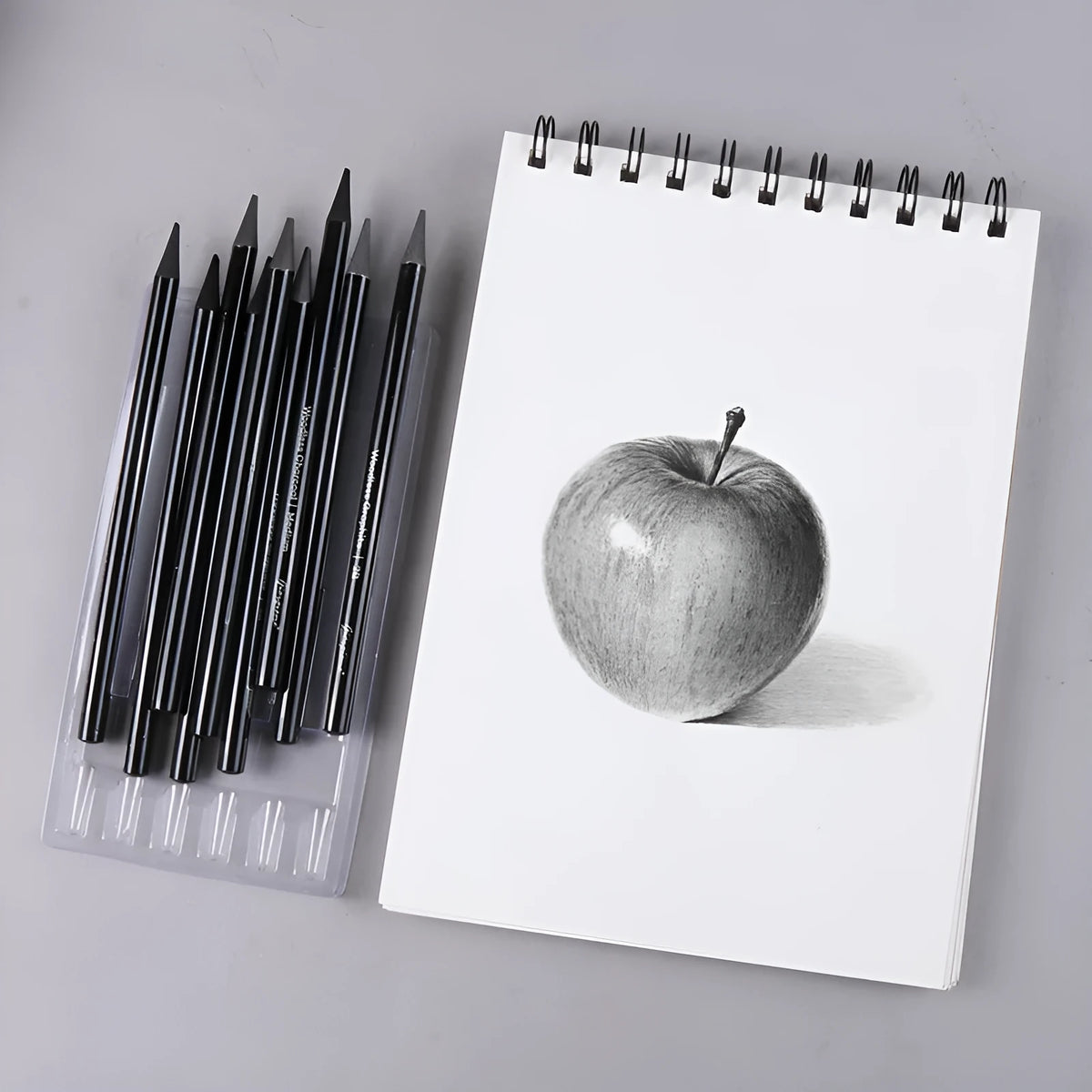Graphite and carbonised drawing pencil set with wooden shells on suction card packaging