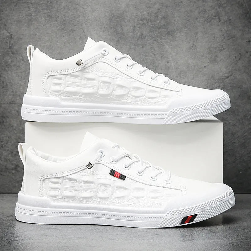 White men's casual sneakers with lace-up closure and round toe design