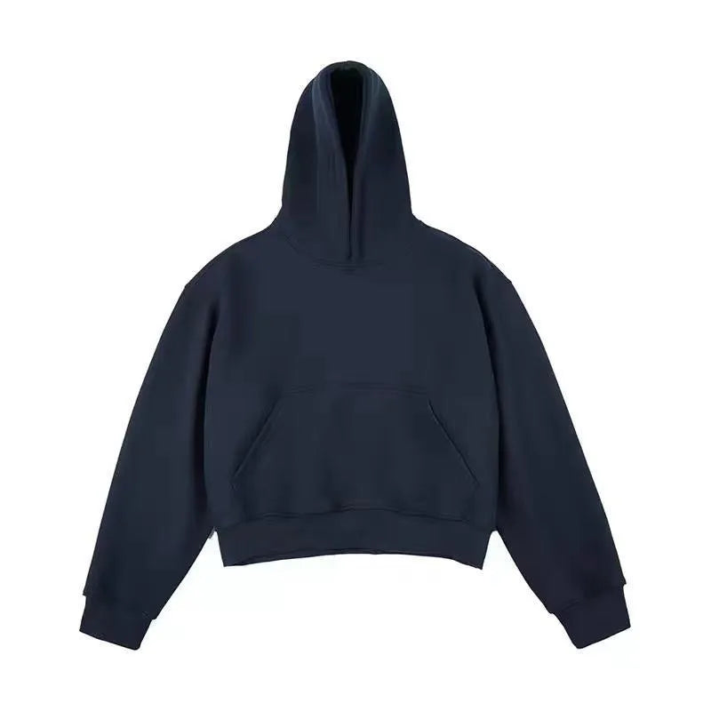 Short black Chinese cotton silver fox velvet hooded sweater with removable hood on a model.