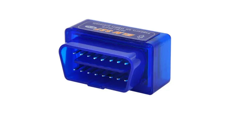Small blue OBD2 Bluetooth diagnostic scanner with ELM327 chip for reading car engine fault codes