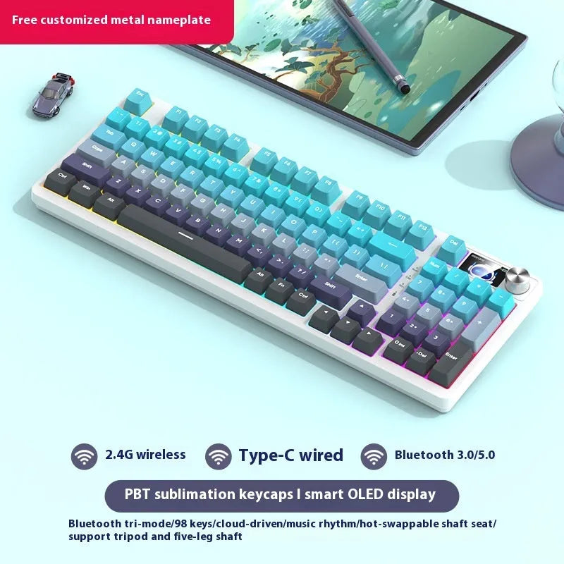 98 key wireless Bluetooth mechanical keyboard kit with metal knob on desk