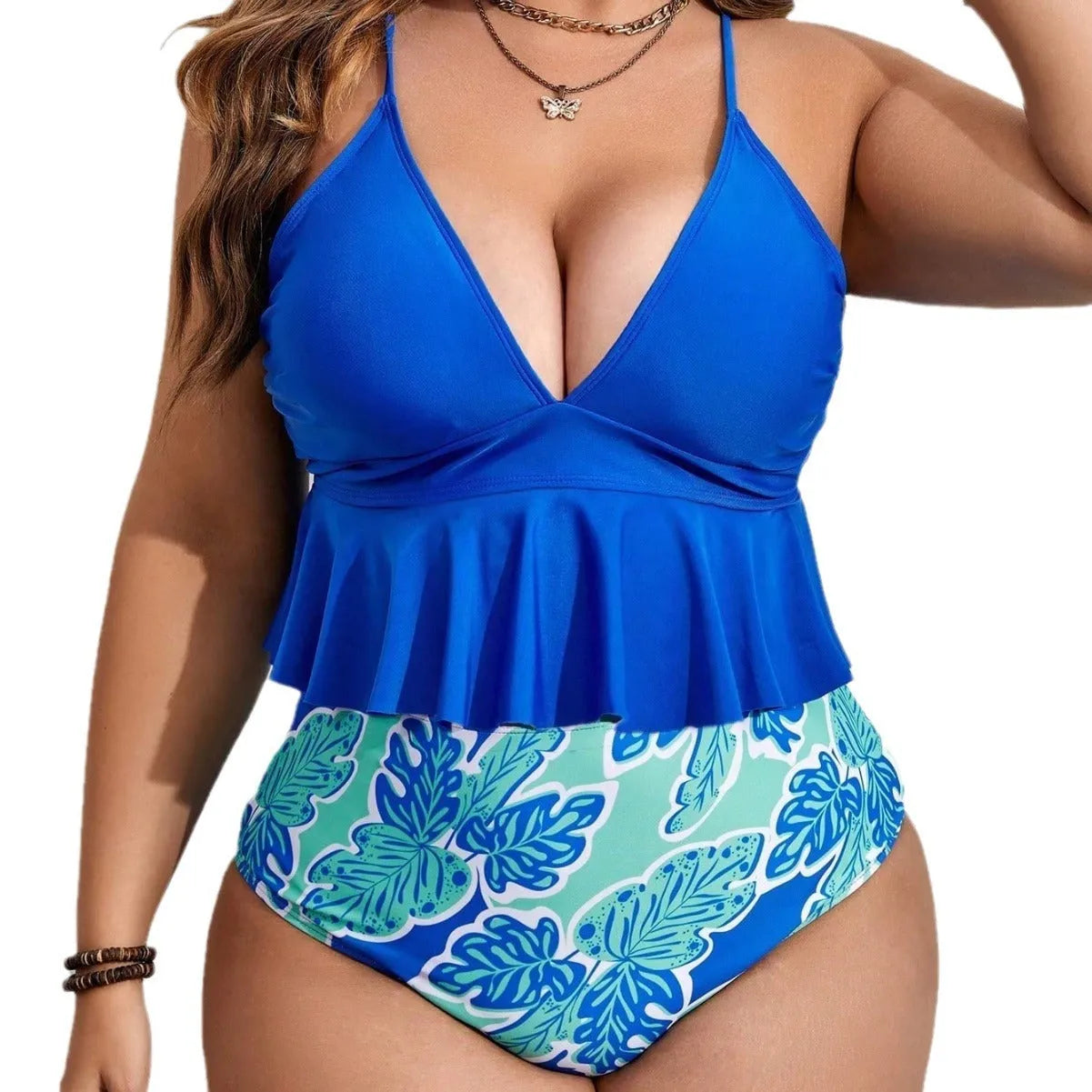 Blue polyester briefs style bikini set with top and shorts European American fit swimwear