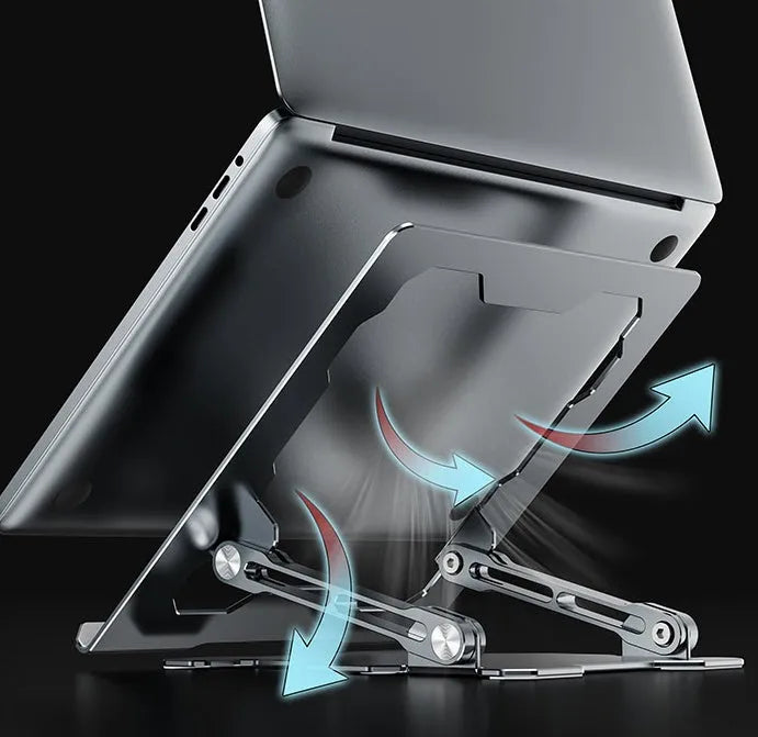 Grey aluminium alloy laptop stand with adjustable angle, shown folded and open.