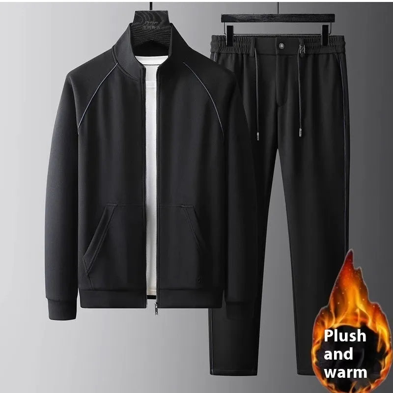 Stand collar sports suit set with slim fit in polyvinyl alcohol fibre fabric, shown in coffee colour