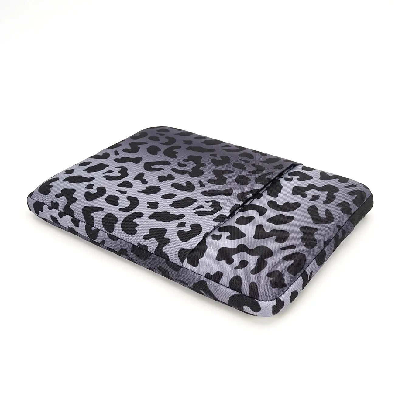 Leopard print laptop sleeve for 13-inch to 16-inch devices with flannel lining.