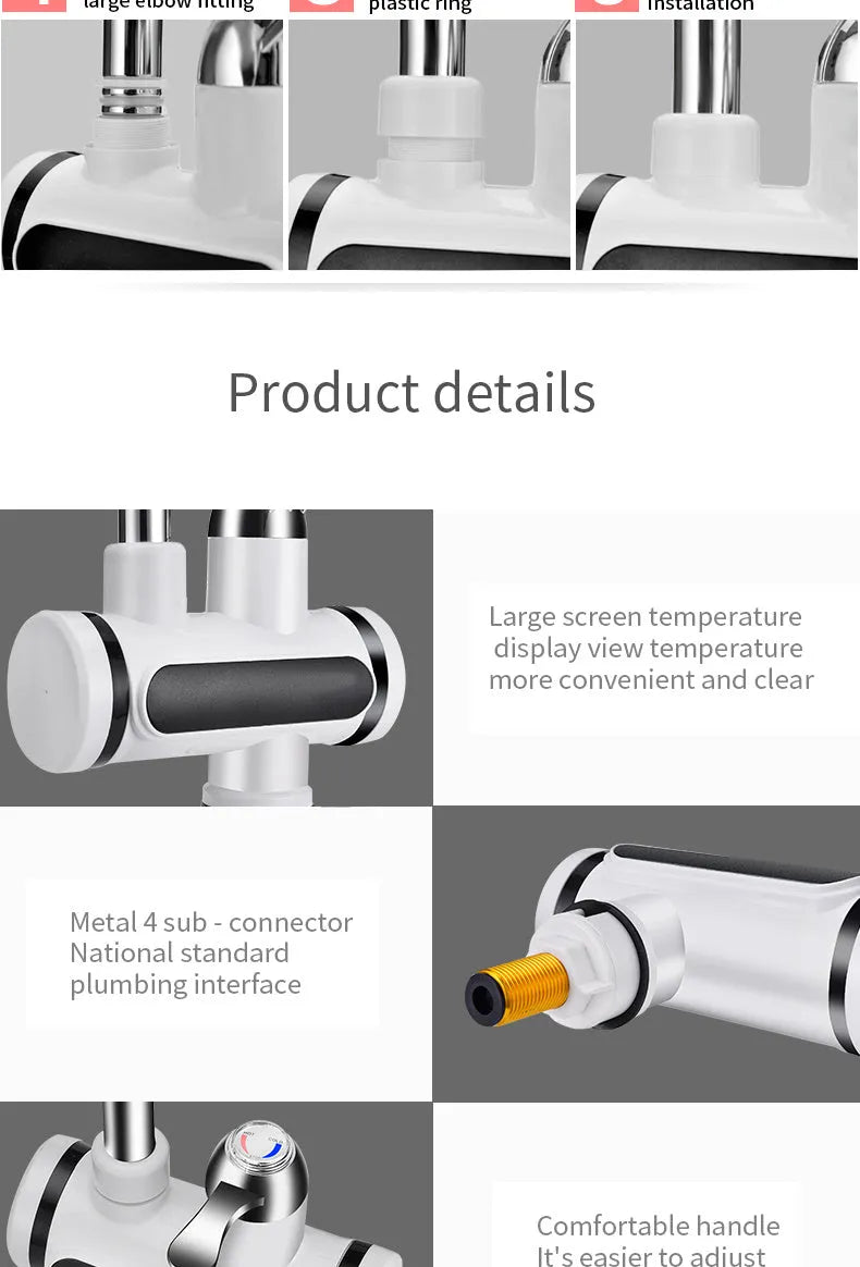White electric water heater with digital temperature display for kitchen installation