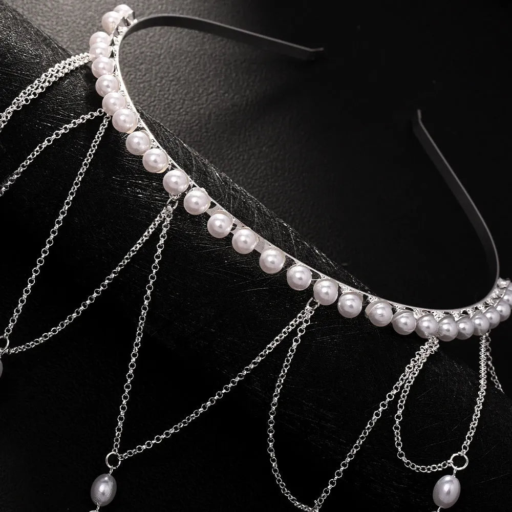 Women's pearl tassel hair chain with electroplated gold or silver finish