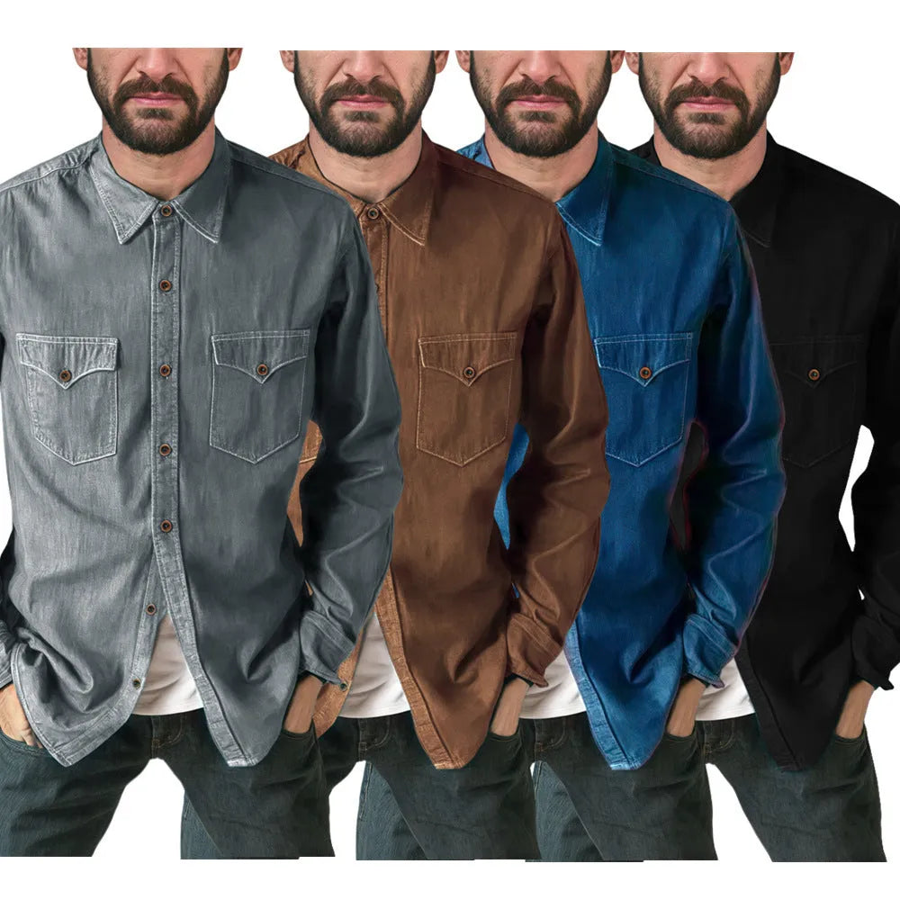 Men's denim cardigan coat in multiple colours showing regular fit design and cotton denim fabric
