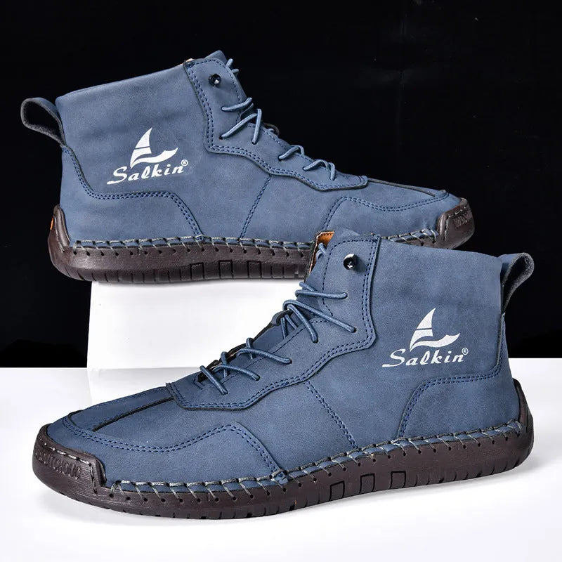 Men's high-top retro ankle boots in beige with elastic band closure and sewing line details