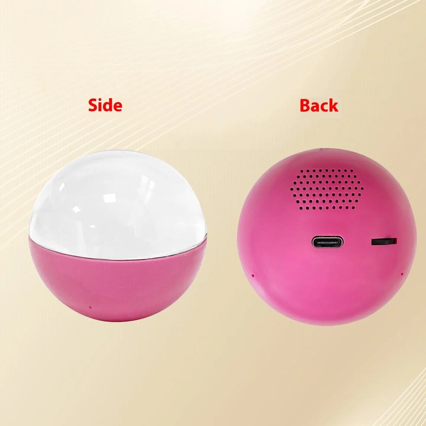 A small round-screen electronic video player in various colours, showing a video on its display.