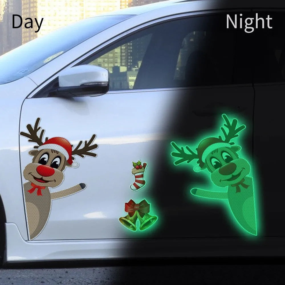 Cartoon Christmas elk bell design magnetic car bumper sticker with luminous reflective finish.