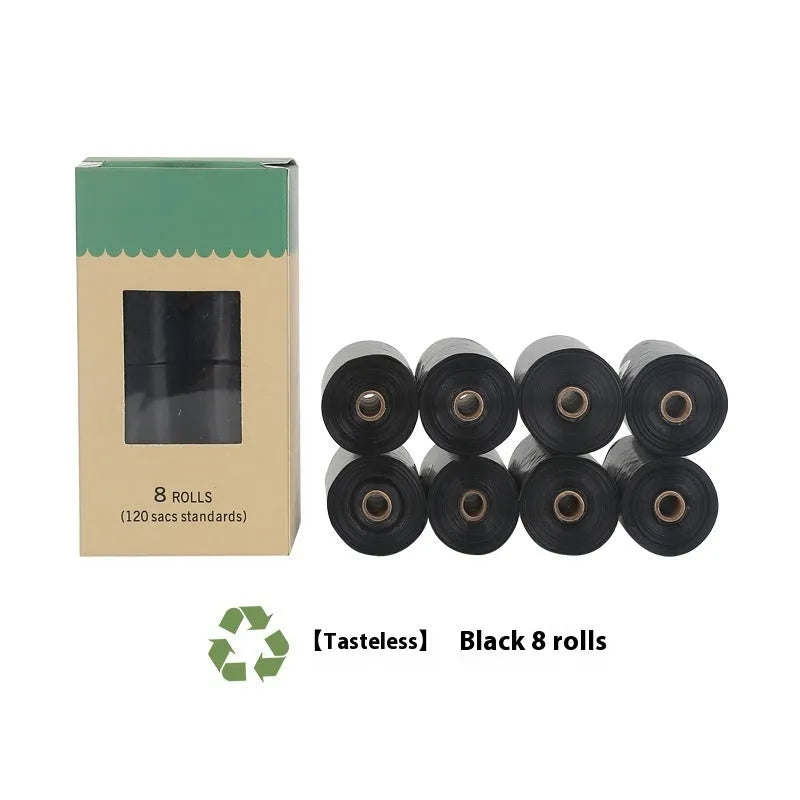 Roll of EPI degradable, thickened pet waste bags in green, shown with a lavender scent or unscented label option.