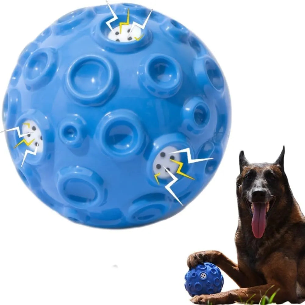 Colourful natural rubber dog chew ball with textured surface and meteorite-shaped bumps