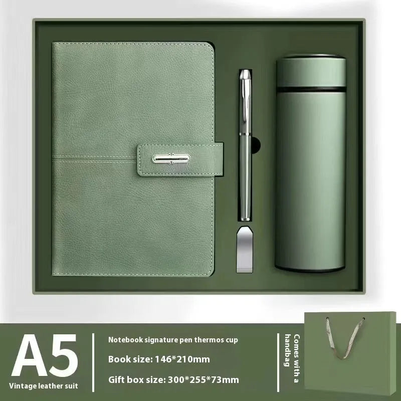 A5 notebook with PU leather cover shown in multiple colour options including black, red, green, blue, and orange.