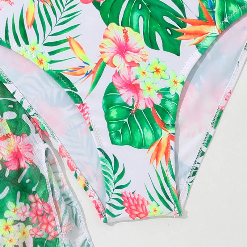 Girls' floral two-piece swimsuit set with matching overclothes in Korean style