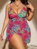 Plus size women's bikini set with split skirt design in blue, purple, red or rose red colours