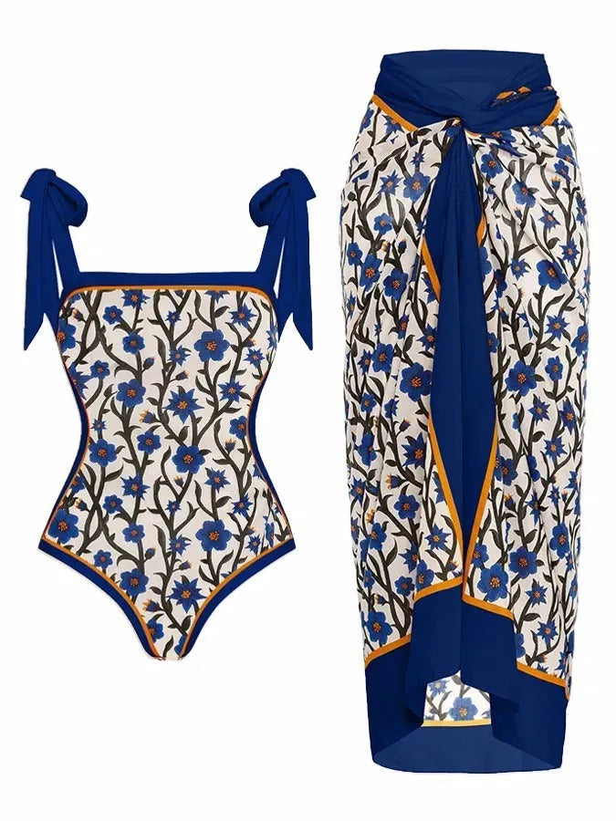 Women's printed floral two-piece swimsuit with a light chiffon hip skirt.