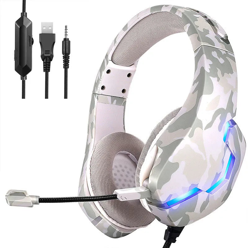 Eat Chicken wired gaming headset with cloth earmuffs and braided cable in camouflage colours