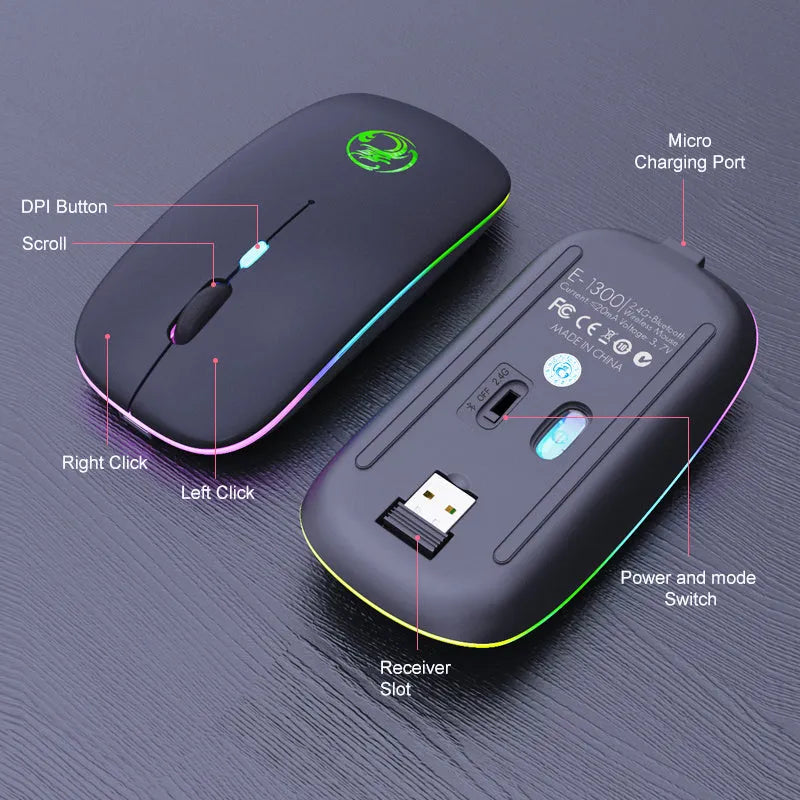 Black or white dual-mode wireless silent mouse with luminous charging indicator and adjustable DPI settings