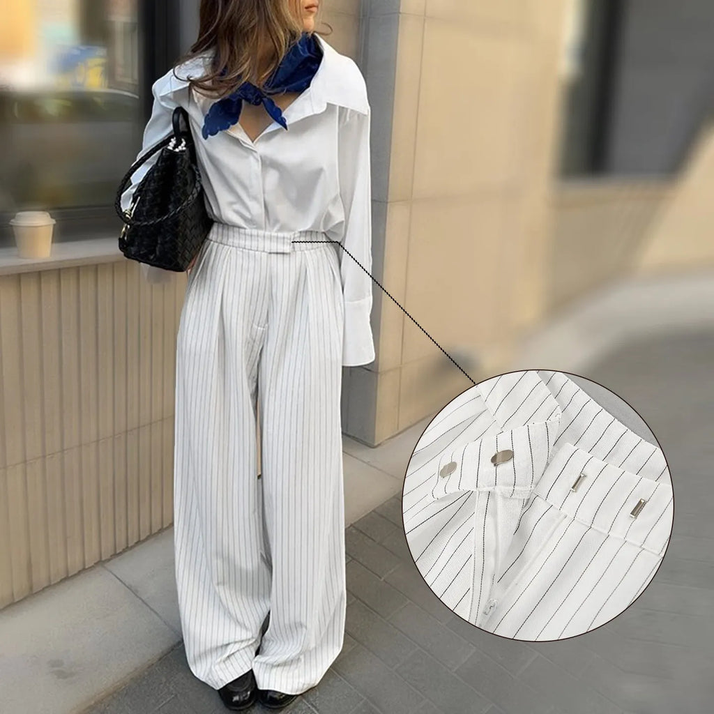 White striped wide-leg trousers with zipper details on polyester fabric for office commuting