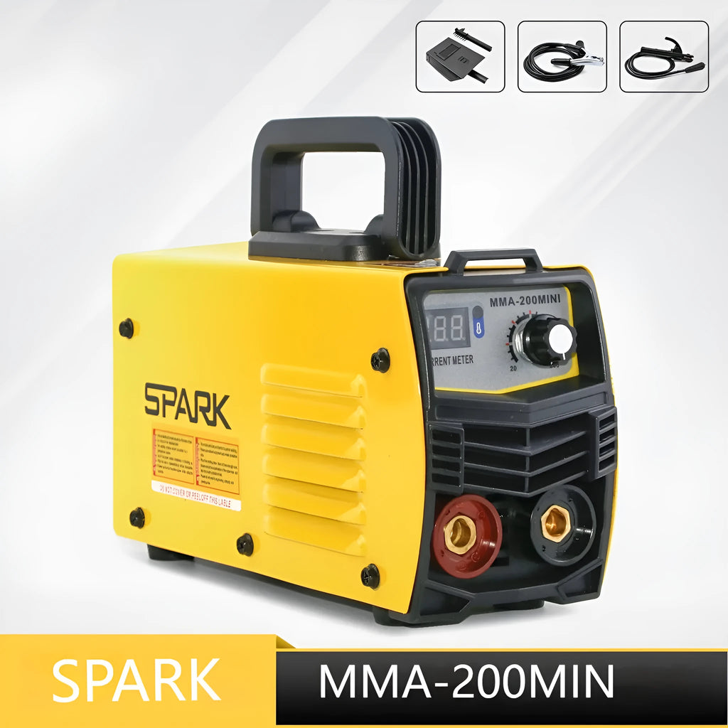 MMA-200MIN 220V DC inverter welding machine with welding tongs, grounding clamps, face shield, and brush hangers
