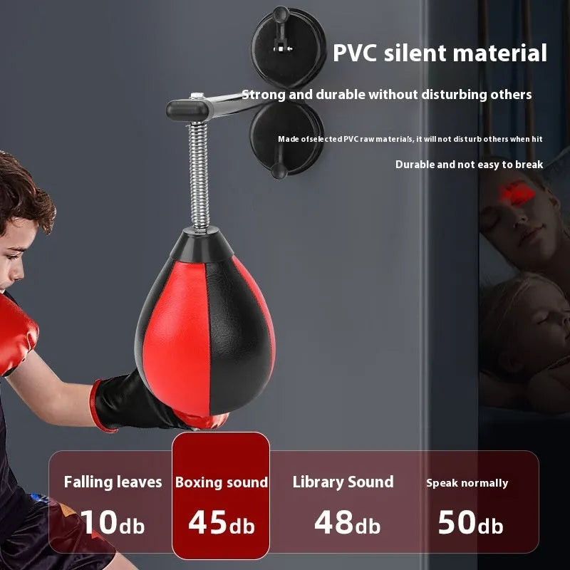 Pear-shaped inflatable boxing ball with red and black colour scheme mounted via double suction cups