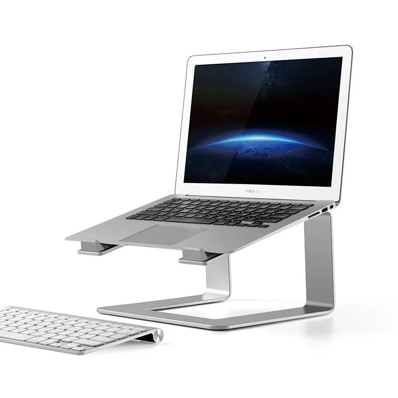 Black aluminium alloy laptop stand on a wooden desk
