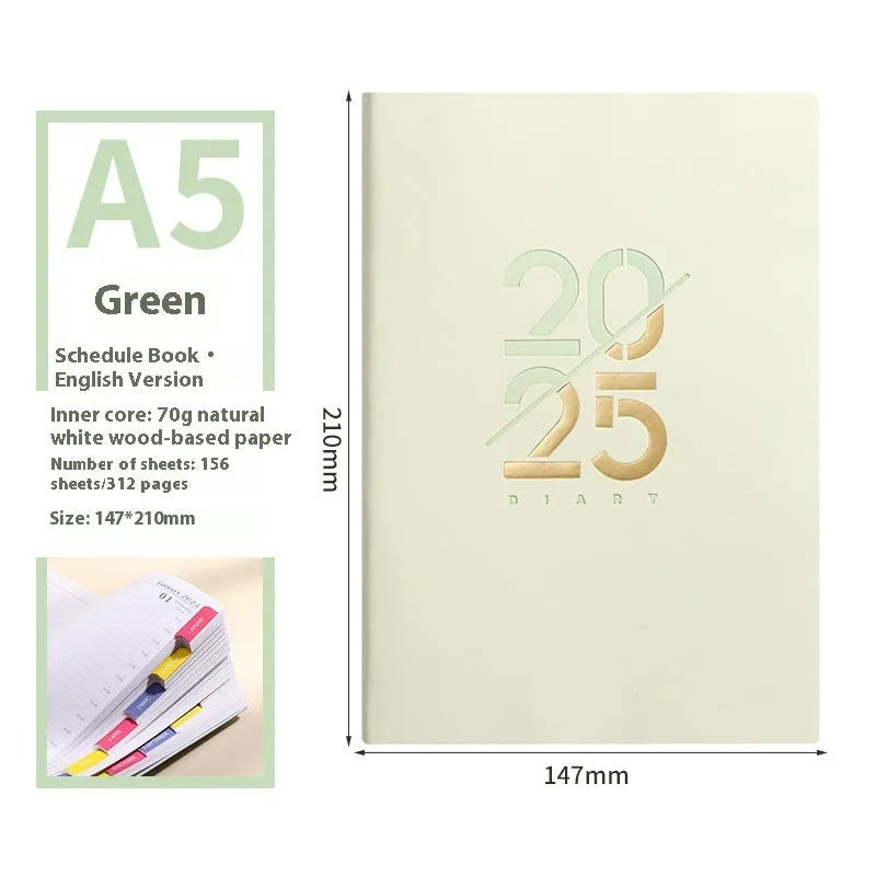 A5 daily schedule book with soft faux leather cover, open to show thread-bound 150 pages.