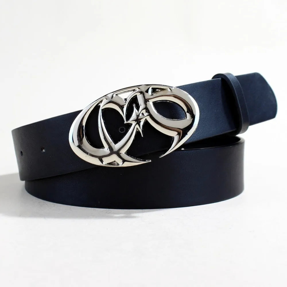 Casual silver buckle belt with PU leather strap showing snap button closure.