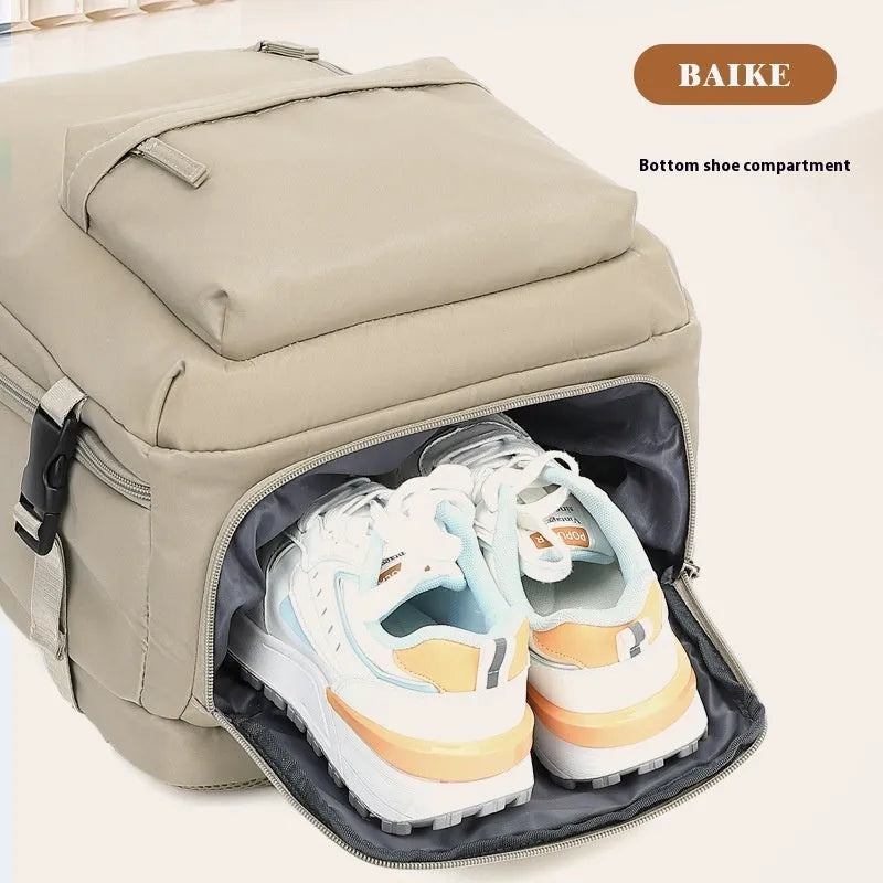 Women's oversized waterproof Oxford cloth backpack with curved shoulder straps in light grey colour