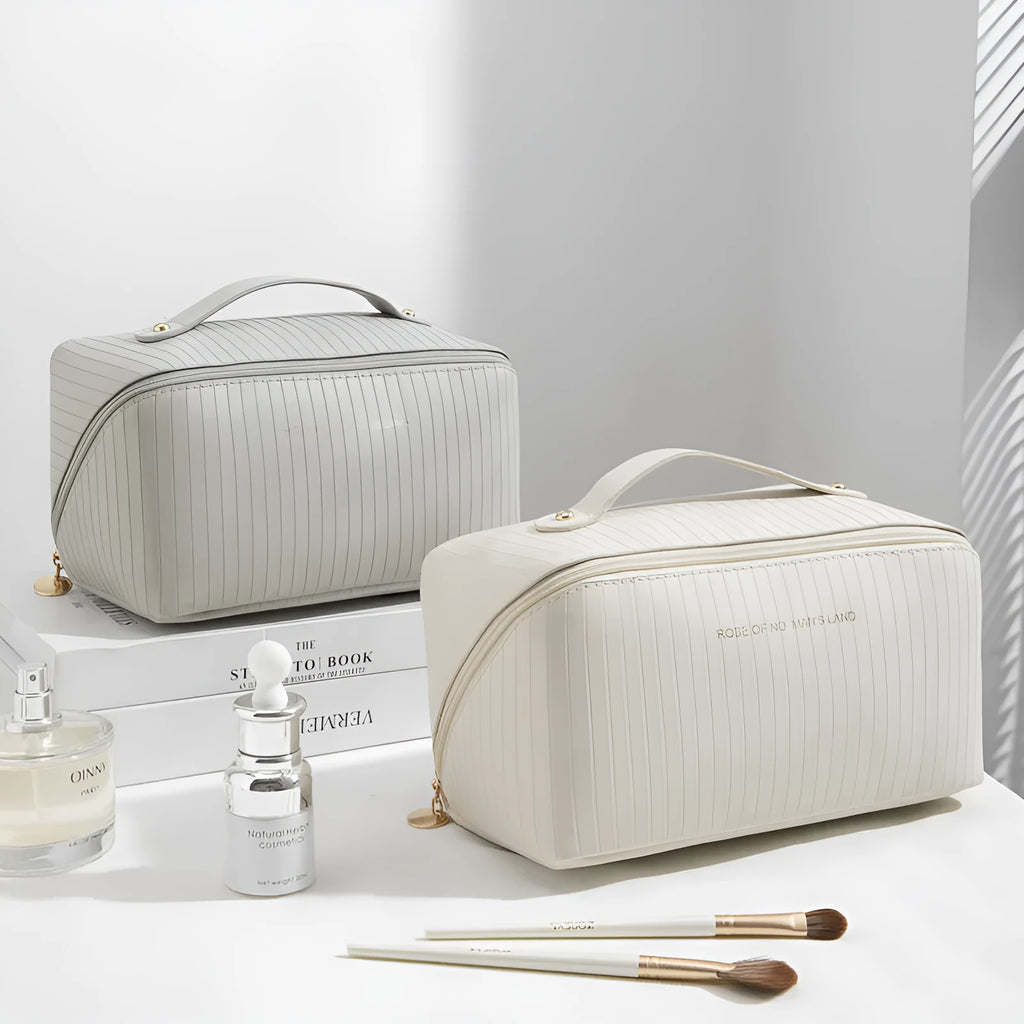 Vertical pattern pillow makeup bag in cubic shape with PU leather construction