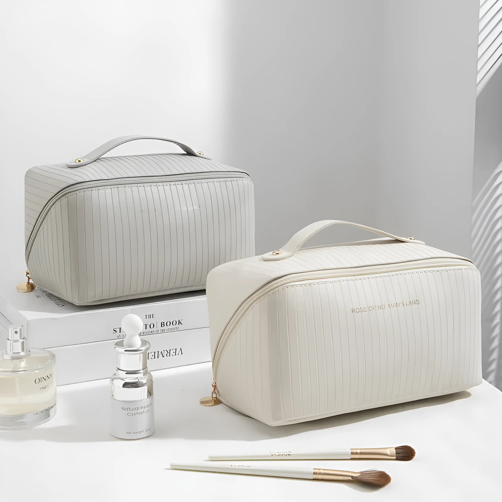 Vertical pattern pillow makeup bag in cubic shape with PU leather construction