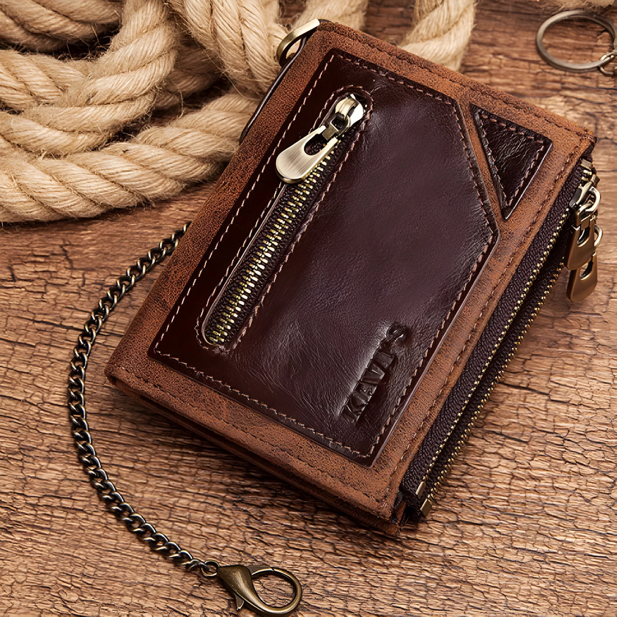 Brown genuine leather men's wallet with RFID anti-theft protection and metal chain detail