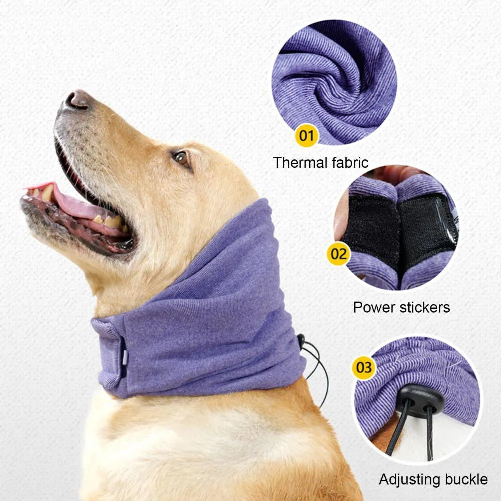 Black dog hoodie head cover with ear muffs for calming and hair control.