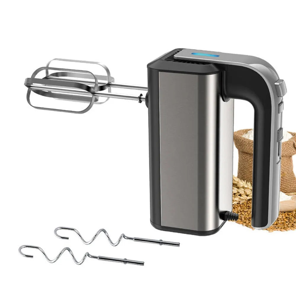Silver handheld mini electric mixer with stainless steel beaters on a 5-speed dial.