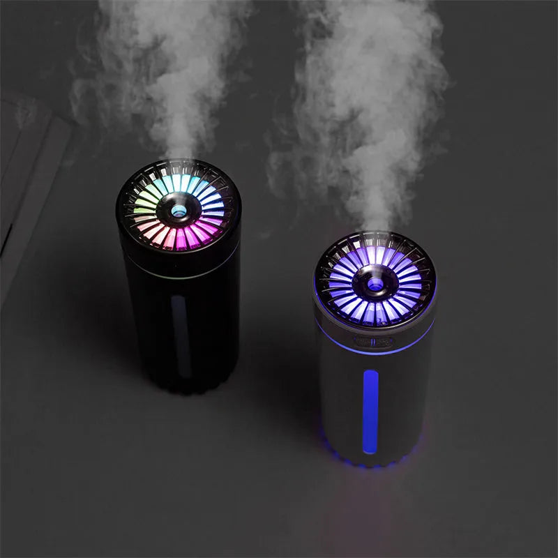 Black portable humidifier with LED lights showing dimensions and USB charging port