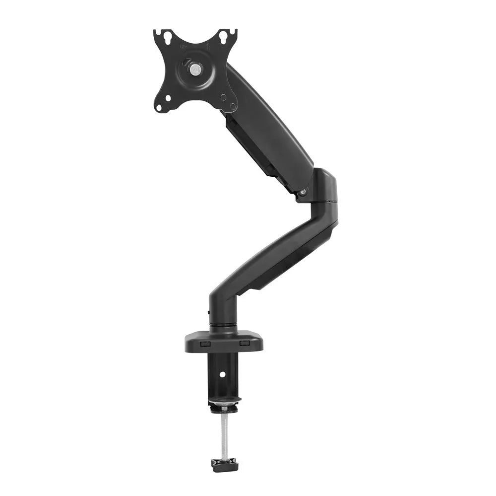 Black rotating telescopic LCD screen bracket with metal and aluminium construction on table