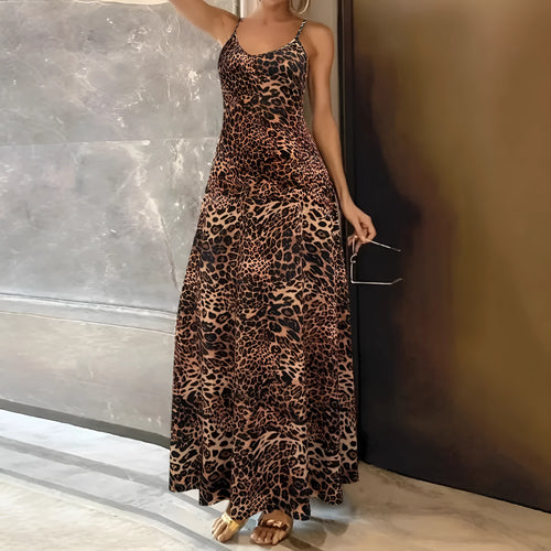Women's dark brown leopard print dress with round neck and sleeveless design in art retro style